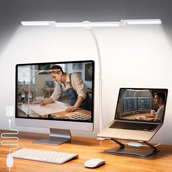 LED Desk Lamp for Office Home, Adjustable 3 Head Desk Light with Adapter | Computer Monitor Light with Clamp, Eye Caring Dimmable, Auto-off Timer Architect Desk Lamp for Reading Study Workbench White