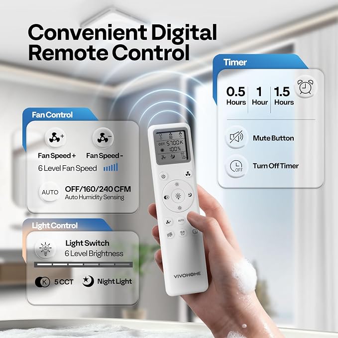VIVOHOME Bathroom Exhaust Fan with Humidity Sensor, 240 CFM 6 Speed, 5-Color LED Light, 2700K/3200K/4000K/5000K/5700K & Nightlight, Remote Control