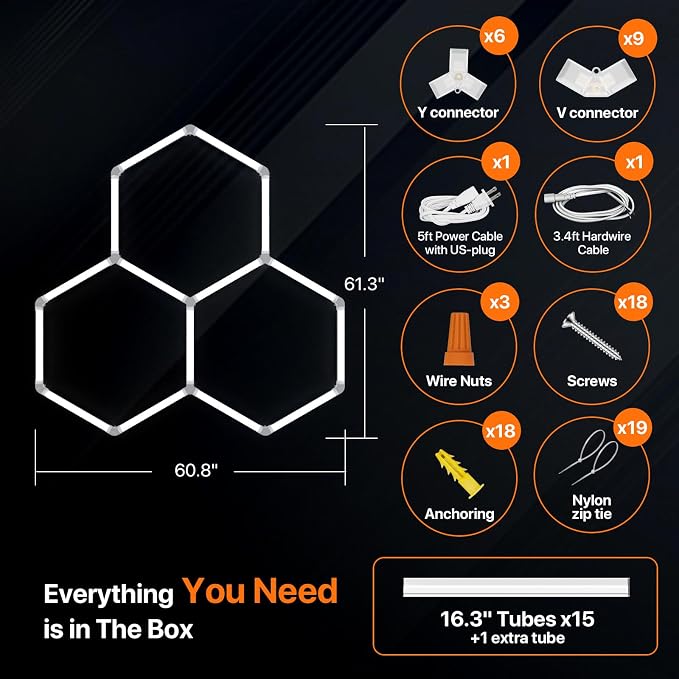 Hexagon Garage Lights: 105W 3 Grids Hexagon Led Lights 11550LM | 6500K Ultra Bright Hex Light, DIY Honeycomb Light for Garage, Shop, Basement, Barber, Homegym, Car Detailing, Studio