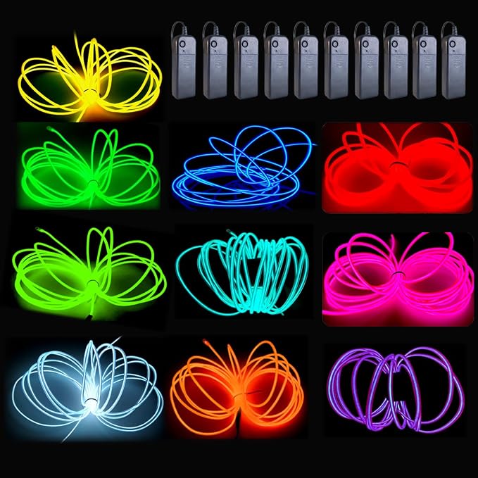 MaxLax EL Wire10 Pack, 16.4ft Neon Light Wire Noise Reduction with Battery Pack(10 Color)… (16.4ft)…