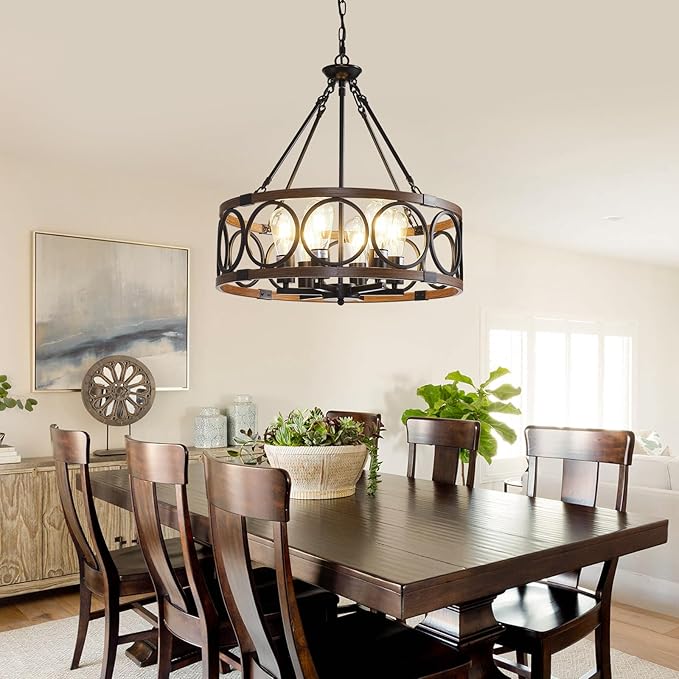 20.5'' Farmhouse Chandelier, 6-Light Walnut Wood Grain Dining Room Light Fixture Over Table, Rustic Industrial Drum Hanging Pendant Lights Fixture for Kitchen Island Bedroom Hallway Foyer Entryway