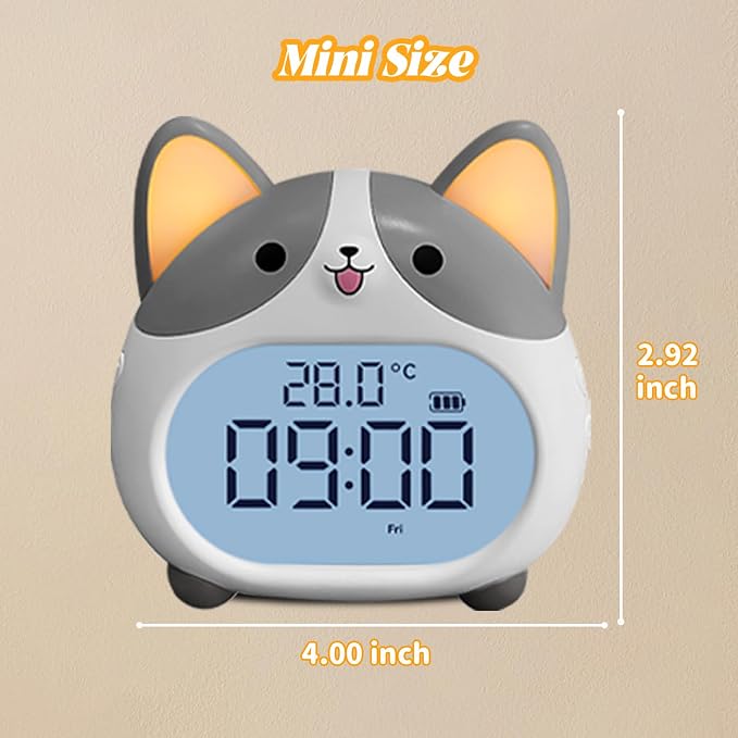 AVEKI Alarm Clocks for Kids - Cute Dog Clock with Night Light, 6 Alarm Tones, Snooze, Timer, Date and Temperature Display - Rechargeable Battery Operated Digital Clocks for Bedroom Kids Room