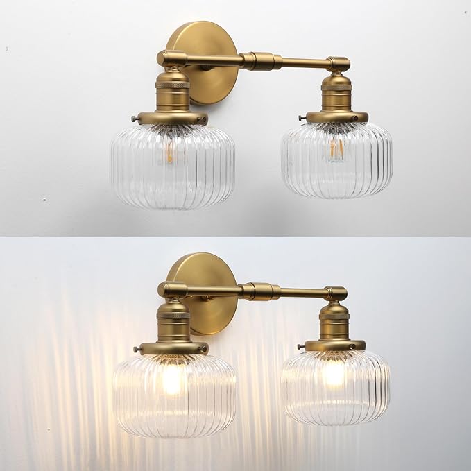 2-Lights Industrial Glass Wall Sconces, Antique Brass Clear Striped Globe Shade Wall Light Fixture for Bathroom Vanity, Bedroom, Dining Room, Living Room, Farmhouse, Stairs
