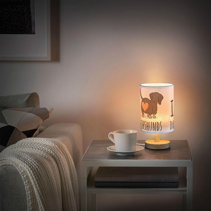 Table Lamp Cute Dachshund Dog I Love Dachshunds Heart Butt Nightstand Lamp with Wood Base Fabric Lamp Shade Bedside Desk Lamp for Living Room Bedroom Kids Room Office