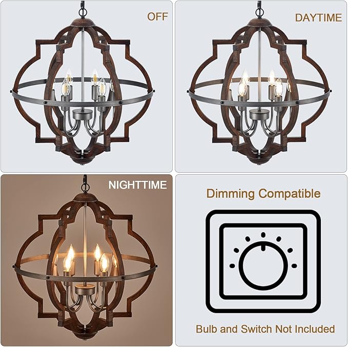 23'' 6-Light Wood Farmhouse Chandelier for Dining Room Vintage Rustic Oak Brown Pendant Light Fixtures Globe Hanging Ceiling Lighting for Hallway Entryway Foyer Kitchen Living Room Bedroom