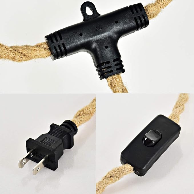 3 Light Plug in Pendant Lights Cord Hanging Lamp Kit | 22 Ft Long Hemp Rope Farmhouse Pndant Light Cord Lighting Fixture Kits DIY Hanging Light