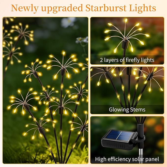 Solar Garden Lights Outdoor, 8 Pack 2-Layer Swaying Fairy Firework Lights | Waterproof Starburst Flower Light, Garden Decor for Yard Patio Pathway Lawn, Gardening Gifts for Women Mom Grandma Christmas
