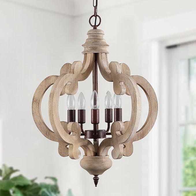 5-Light Farmhouse Chandelier, Rustic Wood and Metal Light Fixture with Distressed White Finish & Rust Accents, Adjustable Height for Dining Room, Kitchen Island, Entryway, Foyer, Bedroom