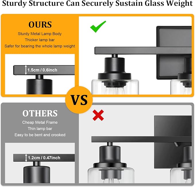 Ascher Bathroom Light Fixtures, 3 Light Vanity Light with LED Bulbs Included, Black Wall Sconces with Clear Glass Shades for Mirror, Kitchen, Living Room, Hallway, Cabinet