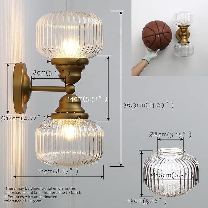 Pathson 2-Head Striped Globe Wall Sconces, 2-Lights Bathroom Vanity Light Over Mirror, Brass Vintage Bathroom Sconce Lamp for Living Room Bedroom Above Mirror