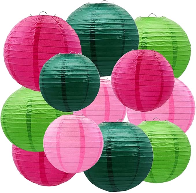 Hot Pink Green and Pink Paper Lanterns 12Pcs Hanging Round Paper Lanterns Decorative for Graduation Baby Shower Wedding Birthday Family Parties ﻿
