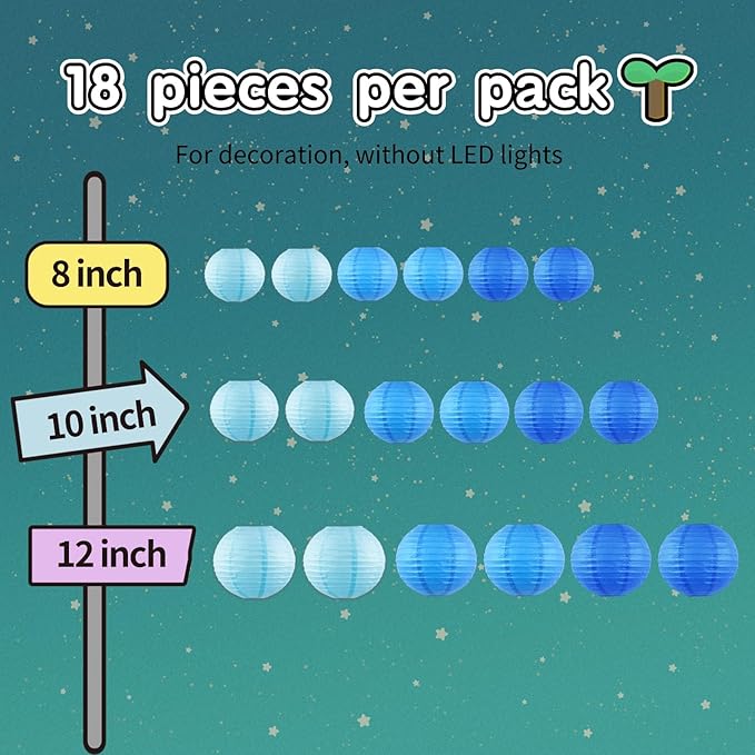Chinese Paper Lanterns for Birthday Party Decorations – Hanging Rainbow Lanterns for Ceiling Decor, Classroom, Wedding, and Home Party – Pack of 18,Blue/Royal Blue(8/10/12-Inch)