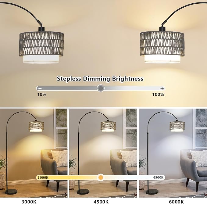 Boho Floor Lamps for Living Room, Arc Floor Lamp for bedroom with Remote and Dimmable Bulb, Over Couch Standing Lamp, Farmhouse Tall Lamp with 3 Color Temperatures, Height Adjustable Corner Floor Lamp