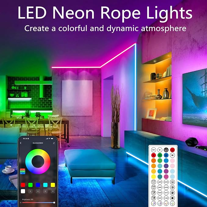 80FT Neon Rope Lights,Flexible Led Light Control with App/Remote,Multiple Modes,IP65 Outdoor Waterproof,Music Sync Strip for Bedroom