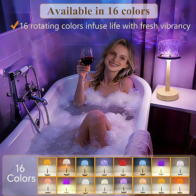 Waterproof Bathroom Lamp with 16 Color Ocean Wave Projector, Rechargeable Shower Light with Touch & Remote Control, Cordless Light for Inside Shower/Bathtub (Natural Wood Color)
