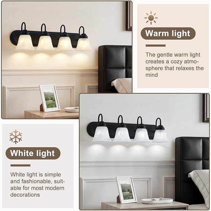 EJIAXIN 4-Light Bathroom Light Fixtures Over Mirror, Matte Black Modern Vanity Lights for Bathroom, Vanity Lighting Fixtures with E26 Base for Mirror Living Room Bedroom Cabinet