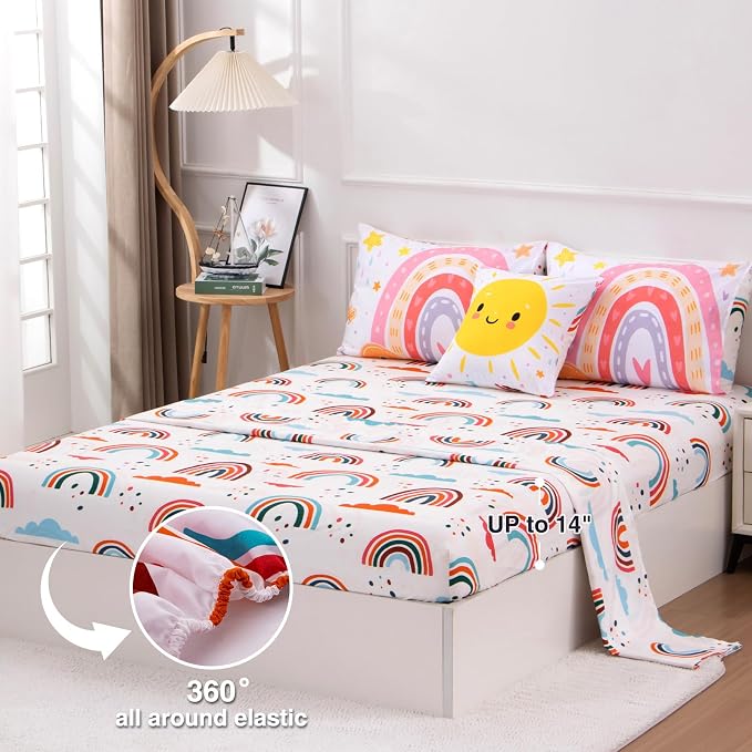 A Nice Night Lightweight Soft Cartoon Rainbow 6Pcs Queen Comforter Sets, Love Hearts Printed Bedding Set for Boys Girls(White,Queen)