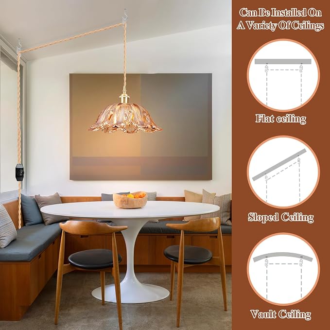 Plug in Pendant Light Fixtures,Hanging Light Fixture Amber Glass Pendant Light 10.6in E26 Pendant Lighting for Kitchen Island, Bedroom, Dining Room, Living Room