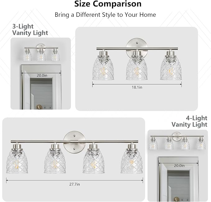 3-Light Bathroom Light Fixtures, Brushed Nickel Vanity Lights Over Mirror | Modern Farmhouse Wall Sconces with Hammered Glass Lampshade for Kitchen Hallway Bedroom Living Room Cabinet Porch-18.1IN