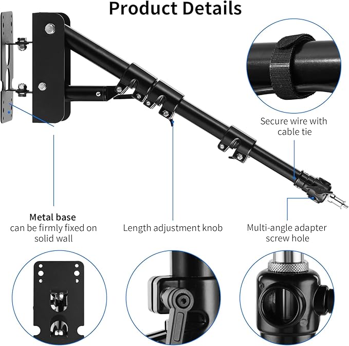 Selens Wall Mount Triangle Boom Arm 39.37inch/100cm, Ring Light Mount Support 180°Flexible Rotation for Studio Video Light, Monolight, Photography, Softbox, Reflector