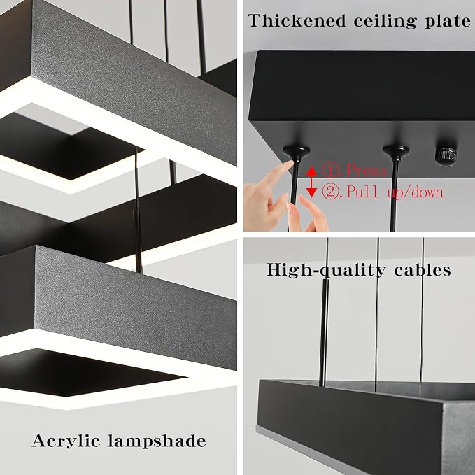 O'NEELDY Modern Chandelier 58W LED Black Pendant Light Embedded Mount Square Rings LED Chandeliers Dining Room Light Fixtures for Kitchen Bedroom, 6000K