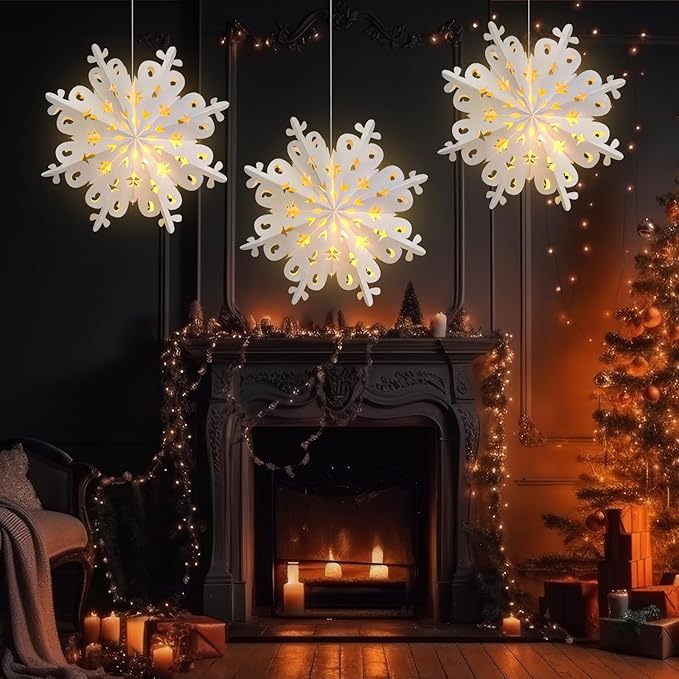 Mudder 3 Pcs Christmas Paper Snowflake Lanterns with 5 LED Light 23.6 Inch 3D White Hanging Snowflake Lamps Winter Party Hanging Decoration for Xmas Trees Holiday Winter Weddings Birthday Celebration
