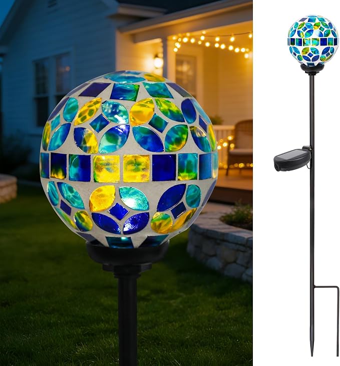 VCUTEKA Decorative Solar Garden Lights, 3.5" Mosaic Globe Outdoor Stake | Mosaic Glass Globe Design, Solar LED Light, Waterproof Design, Auto On/Off and Metal Stake Design for Lawn and Patio