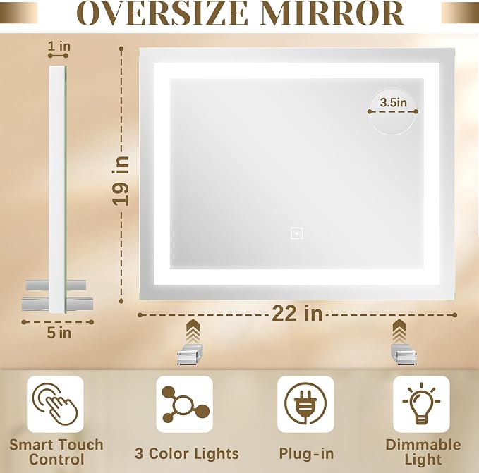 ROLOVE 22x20 Inch Lighted Vanity Mirror, 3 Color Modes, Dimmable, White | Large makeup mirror with touch-dimming LED lighting for dressing room, tabletop, or wall-mounted use