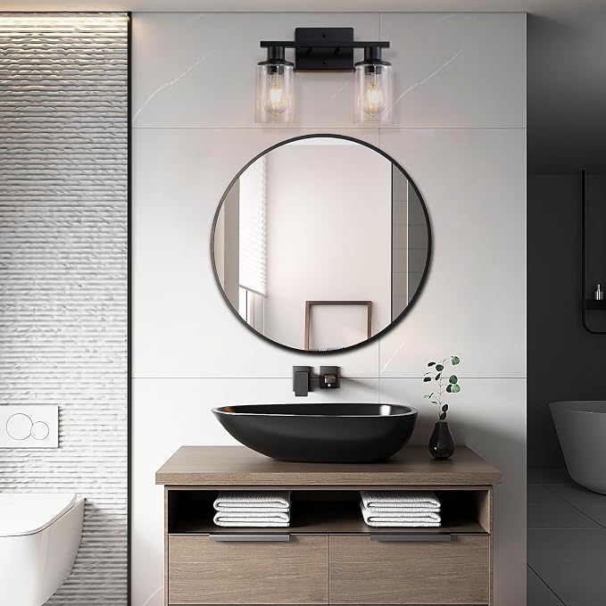2 Pack Matte Black Bathroom Light Fixtures Over Mirror,2-Light Bathroom Vanity Light with Clear Glass Shade,Modern Farmhouse Wall Sconces Lighting for Mirror Kitchen Living Room Cabinet