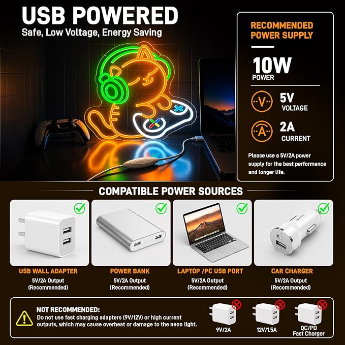 Cat Gaming Neon Sign for Wall Decor, Cute Gamer Cat LED Neon Light with Headphones & Game Controller, USB Powered Dimmable Gaming Room Neon Sign for Bedroom Desk Setup Man Cave Decor