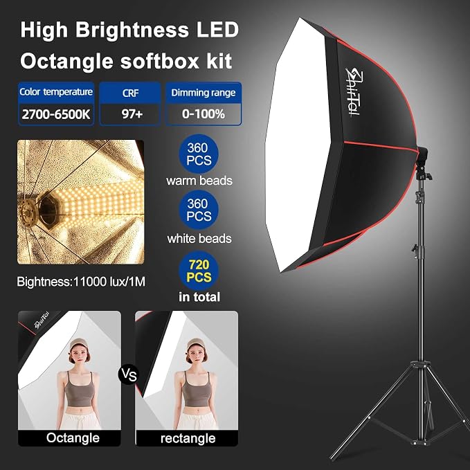 Softbox Lighting Kit,37" Octangle Softbox Photography Lighting Kit with 110W 2700-6500K 11000Lux Dimmable LED Prismatic Lamp and Remote Control,Photo Studio Soft Box Lights for Video Recording