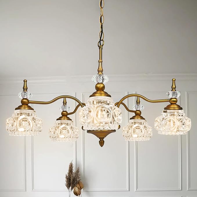 Montex Vintage Brass Pendant Light Fixture 5 Lights Gold Brass Vintage Chandelier Crystal Glass Shade Brass Pendant, 6 Light Bulbs are Included