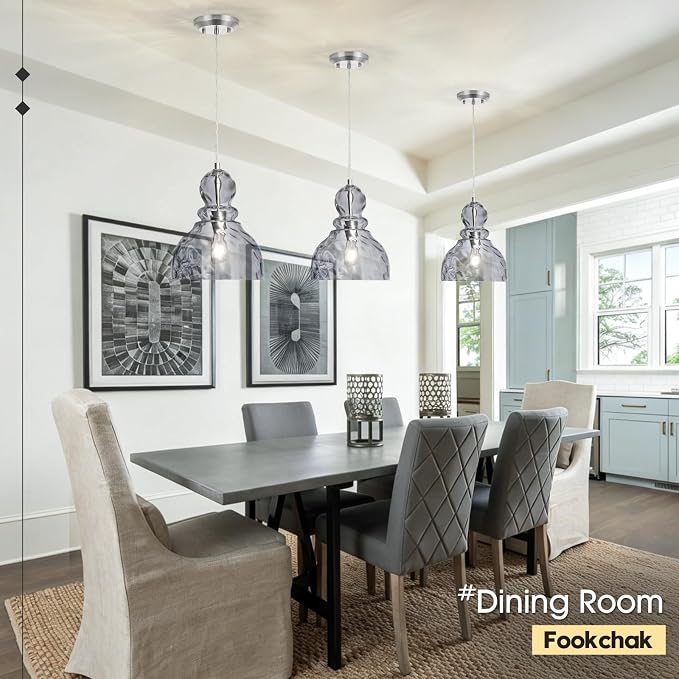 Hammered Glass Pendant Light Smoked Grey Kitchen Island Lights 10in Large Chrome Pendant Hanging Light for Dining Room Kitchen Sink Hallway Entrance, E26