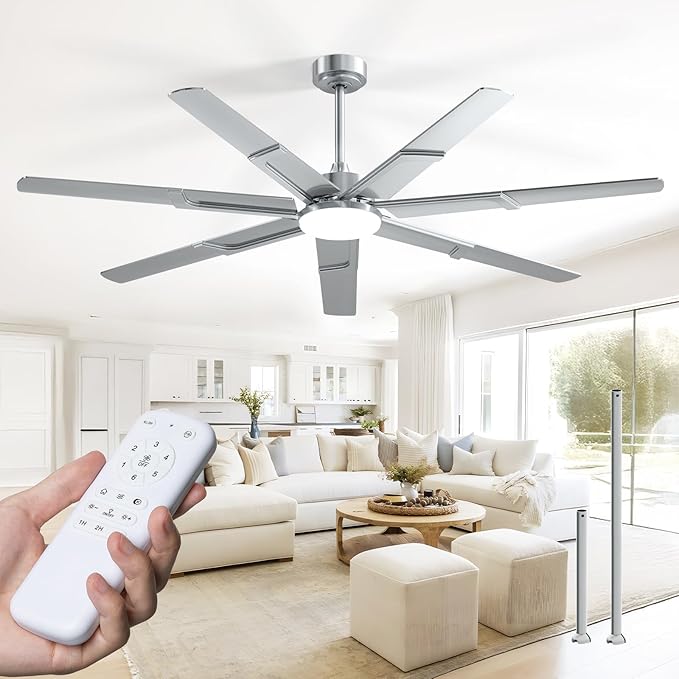 Amico 66 Inch Ceiling Fans with Lights and Remote, Nickel | 6 Speed Reversible DC Motor, 3CCT, Dimmable, Quiet, Timer, Large Modern Ceiling Fan for Living room, Indoor/Outdoor