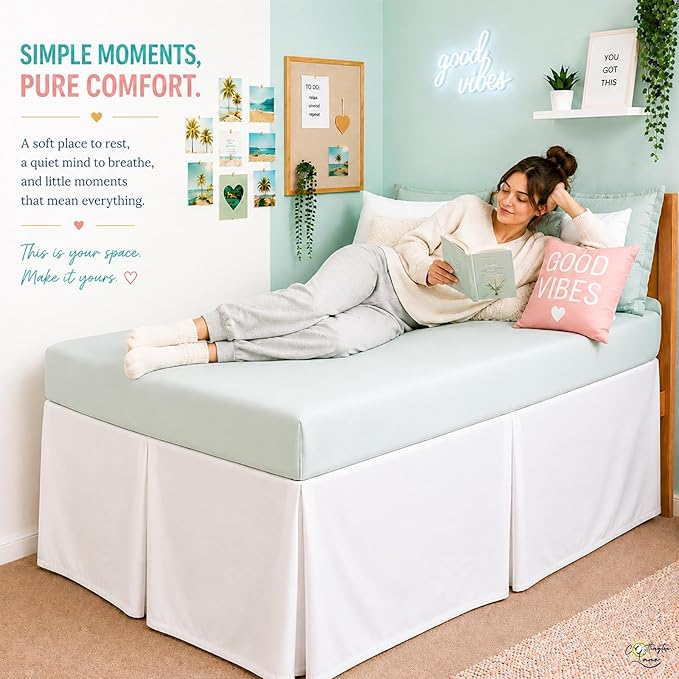 Cottington Lane Tailored Box Pleated College Dorm Bed Skirt Twin XL, Hotel Quality Premium Brushed Microfiber Extra Long Bedskirt Twin XL 32 Inch Drop, White Dorm Bedding