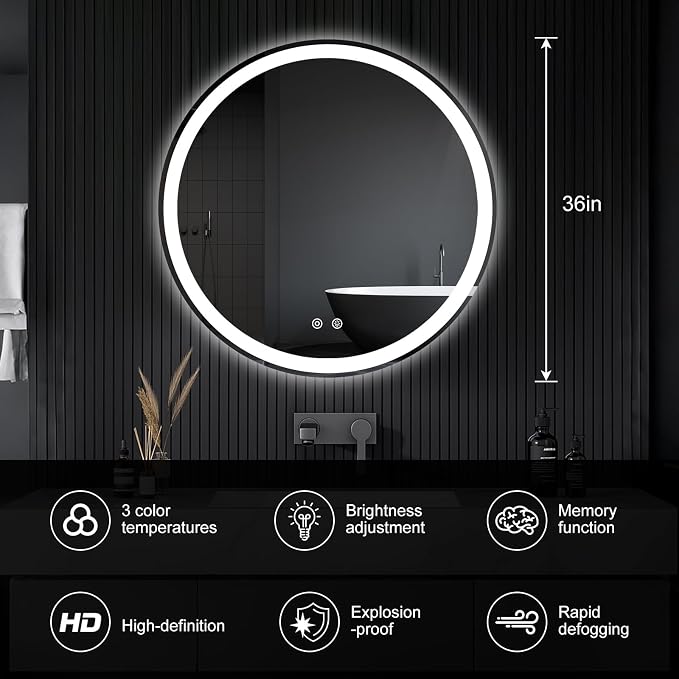 Sweetcrispy 36 Inch Round LED Mirror for Bathroom with Lights, Circle Vanity Mirror with Anti-Fog, Dimmable, 3-Color Light, Memory Function, Tempered Glass