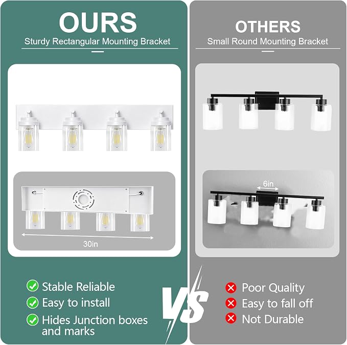 IZORRO Bathroom Vanity Light Fixture, 4-Light 30 Inch White Bathroom Light Fixtures Over Mirror, with Clear Glass Shade, Modern Farmhouse Vanity Lights, Rustic Restroom Lighting Fixtures