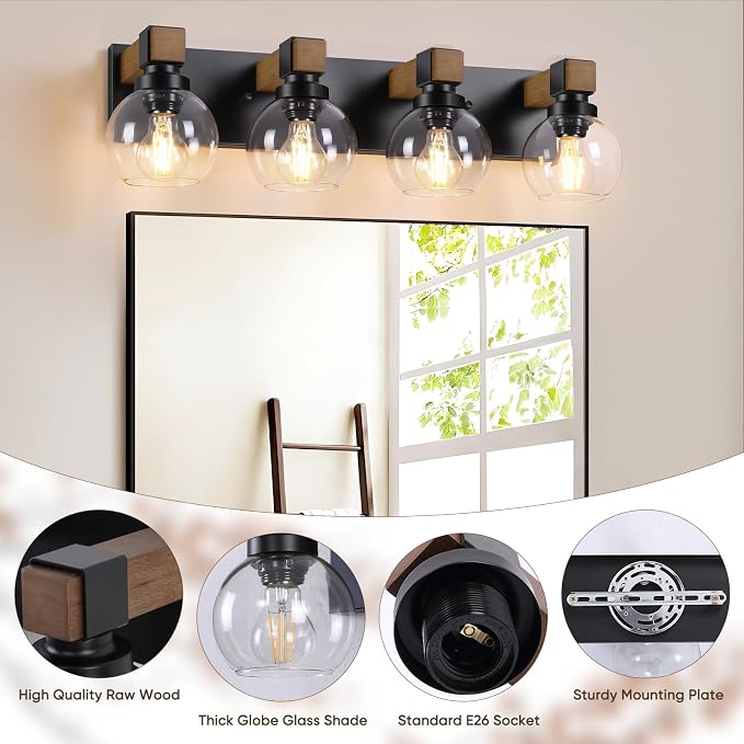 Bathroom Light Fixtures Over Mirror, Rustic 4-Light Wood Vanity Lights for Bathroom, Vintage Black Bathroom Wall Sconces Lighting with Globe Shades for Mirror Hallway Cabinet Living Room