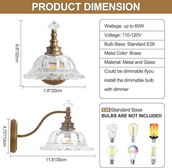 Vintage Bathroom Vanity Light Fixtures, with Floral White Glass Shade, 1-Light Brass Light Fixtures Over Mirror Mid Century Farmhouse Wall Mount Lighting for Bedroom, Living Room, Hallway