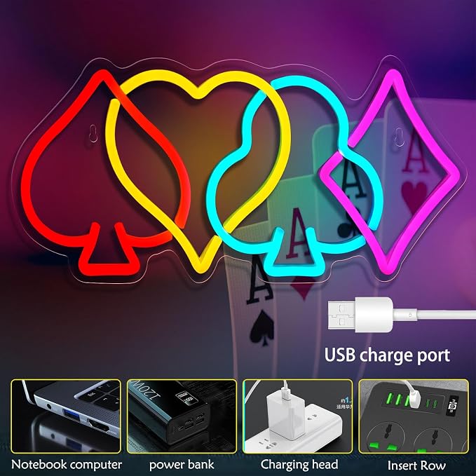 Poker Neon Sign Dimmable Playing Card LED Neon Light for Wall Decor | USB Powered Poker Neon Light for Casino Theme Decor, Man Cave, Game Room, Bar, Bedroom, Gift for Poker Players & Card Gamer