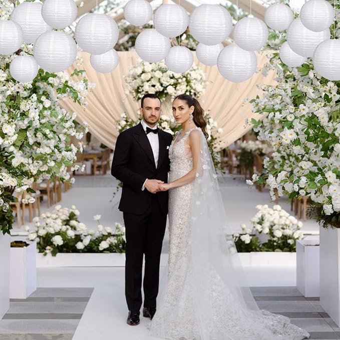 Paper Lanterns Party Decorations, Hanging Round Chinese Lanterns for Wedding Graduation White Birthday Decorations Pack of 20 White