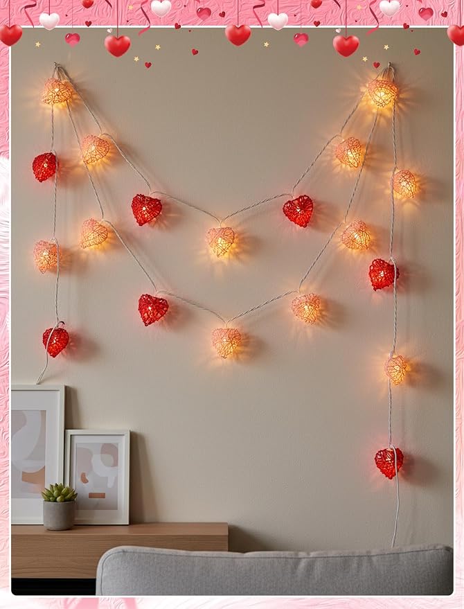 8.5ft Valentine’s Day Heart String Lights Plug in, Valentines Decoration | 10 LED Red White Shatterproof Vintage Rattan, Indoor Fairy Lights for Home Decor Wedding Outdoor Party, Warm White