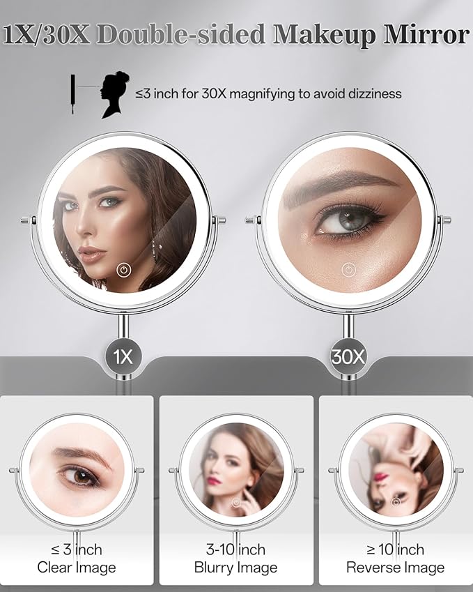 1X/30X 8" Magnifying Makeup Mirror with Lights Height Adjustable for Desk | 3000mAh Rechargeable Lighted Magnifying Mirror Double Sided Vanity Mirrors with 3 LED Lighting Touch Dimmable for Women Gift