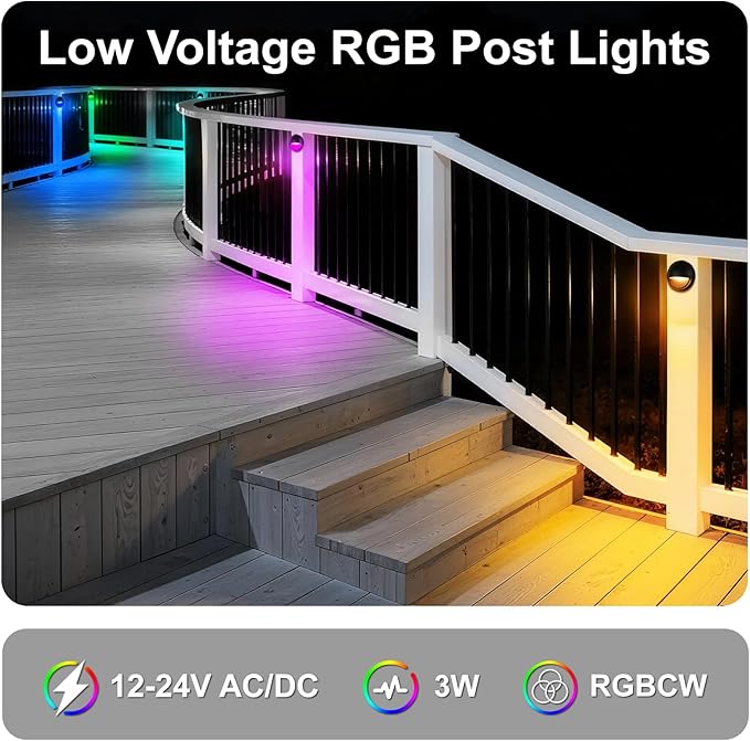Outdoor RGB Fence Post Lights Wired, 3W 12V Wired LED RGB Color Changing Low Voltage Landscape Lighting for Outdoor Deck Fence Post Stair Step Railing, IP65 Waterproof, ETL, Black, 1PK