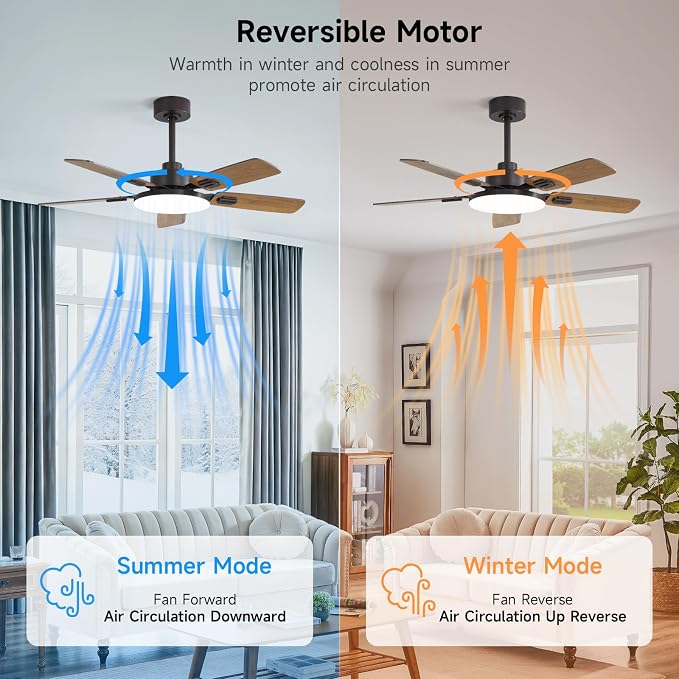 44 Inch Ceiling Fans with Lights and Remote for Bedroom Living Room Kitchen Office, Indoor/Outdoor Use, 5CCT Dimmable, Dual Color 5 Blades, 6 Speed Reversible Quiet DC Motor, Brown/Wood Grain