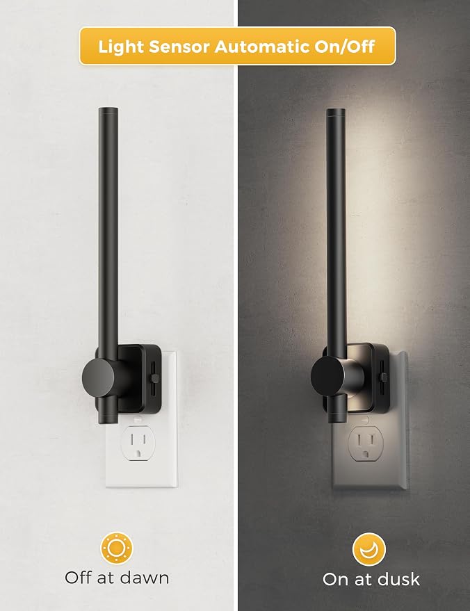 L LOHAS LED Night Light, Dimmable Night Lights Plug into Wall 0-200LM | Dusk to Dawn Sensor, 2W Bathroom Night Lights, Daylight 5000K, Modern Black Plug in Nightlight for Mirror Restroom, 1Pack