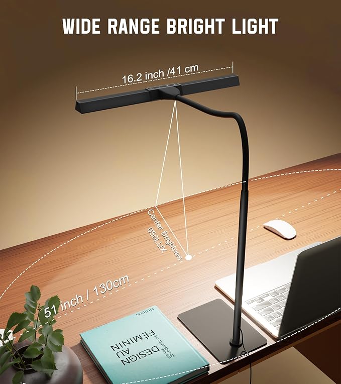 LED Desk Lamp for Home Office with Base, Eye-Caring Desk Light 12W | Tall Lamp for Computer Monitor Task Reading, Adjustable Gooseneck, 5 Dimmable Brightness & Color, USB Touch Control, Timer