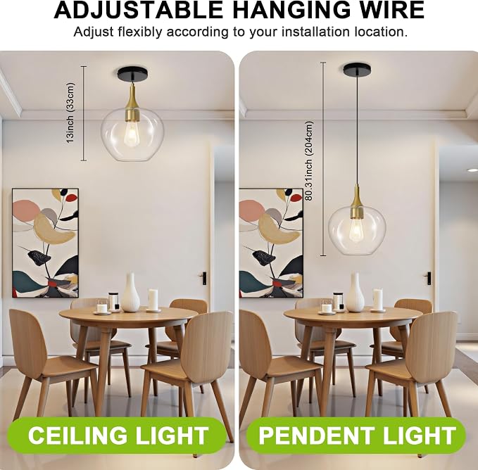 9.45in Black Gold Pendant Lights Kitchen Island with Clear Glass Shade 1PC | Handcrafted Glass Pendant Light Fixtures, UL Certified, E26 Base 100W Max, Height-Adjustable, Dimmable Hanging Pendant Light