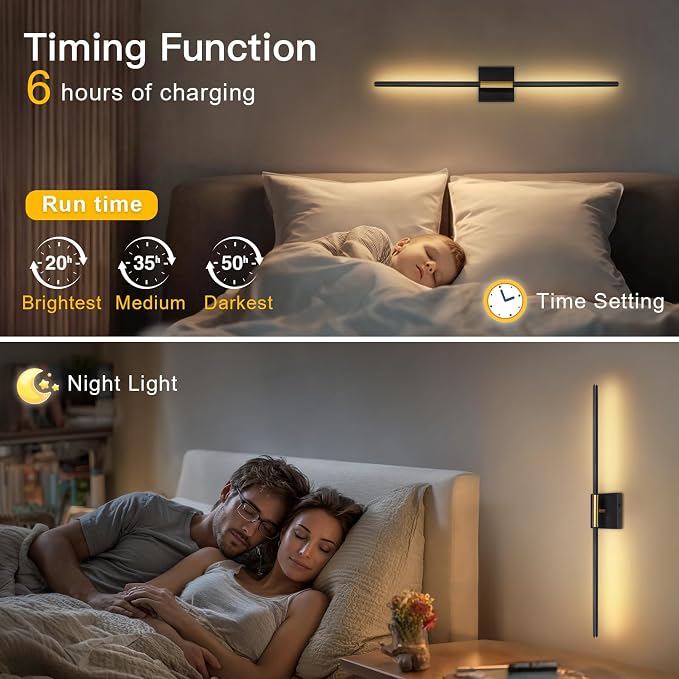 Battery Operated Wall Sconces Set of Two, Wireless Wall Sconces 31.5 Inch | Rechargeable, Remote Control, Dimmable, 360°Rotate, Cordless Wall Light Decor for Living Room, Hallway, Timing, Black Gold