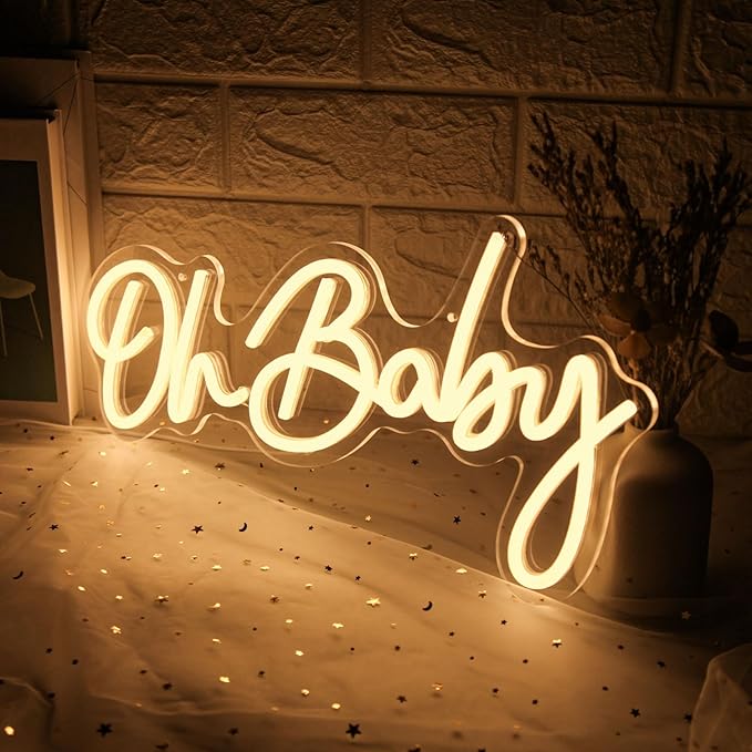 Oh Baby Neon Sign for Backdrop, Baby Shower LED Neon Lights for Wall Decor Dimmable Light Up Sign for Gender Reveal, Birthday Party Decoration, Warm White (16.9"*8.2")